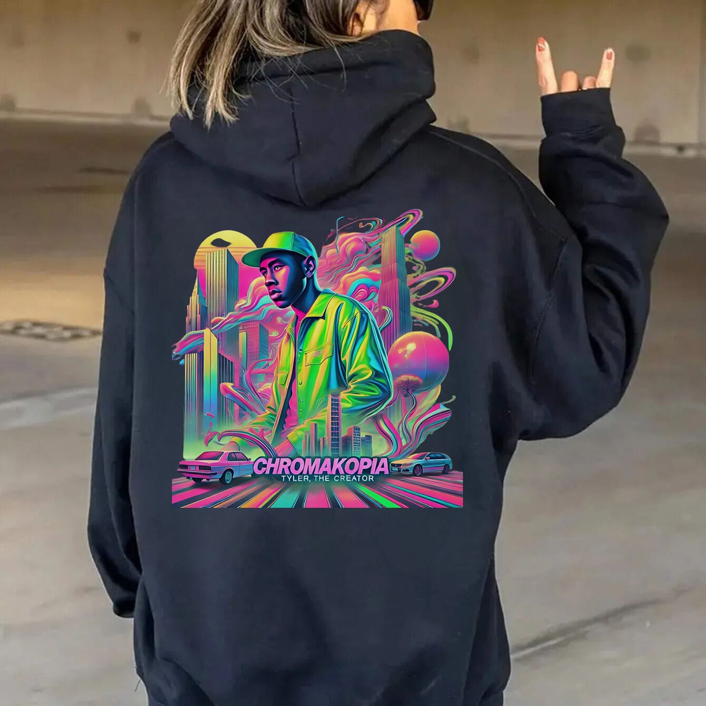 Vibrant Urban Streetwear Graphic Hoodie – Retro Neon Cityscape Design