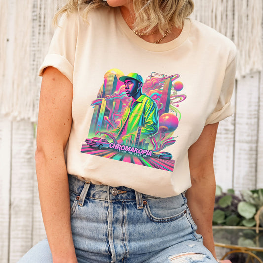 Vibrant Urban Streetwear Graphic T-Shirt – Retro Neon Cityscape Design