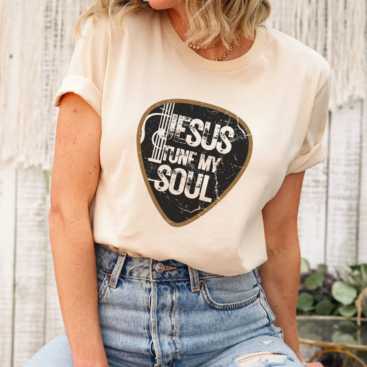 Jesus Tune My Soul Graphic T-Shirt - Vintage Guitar Pick Design Christian Tee