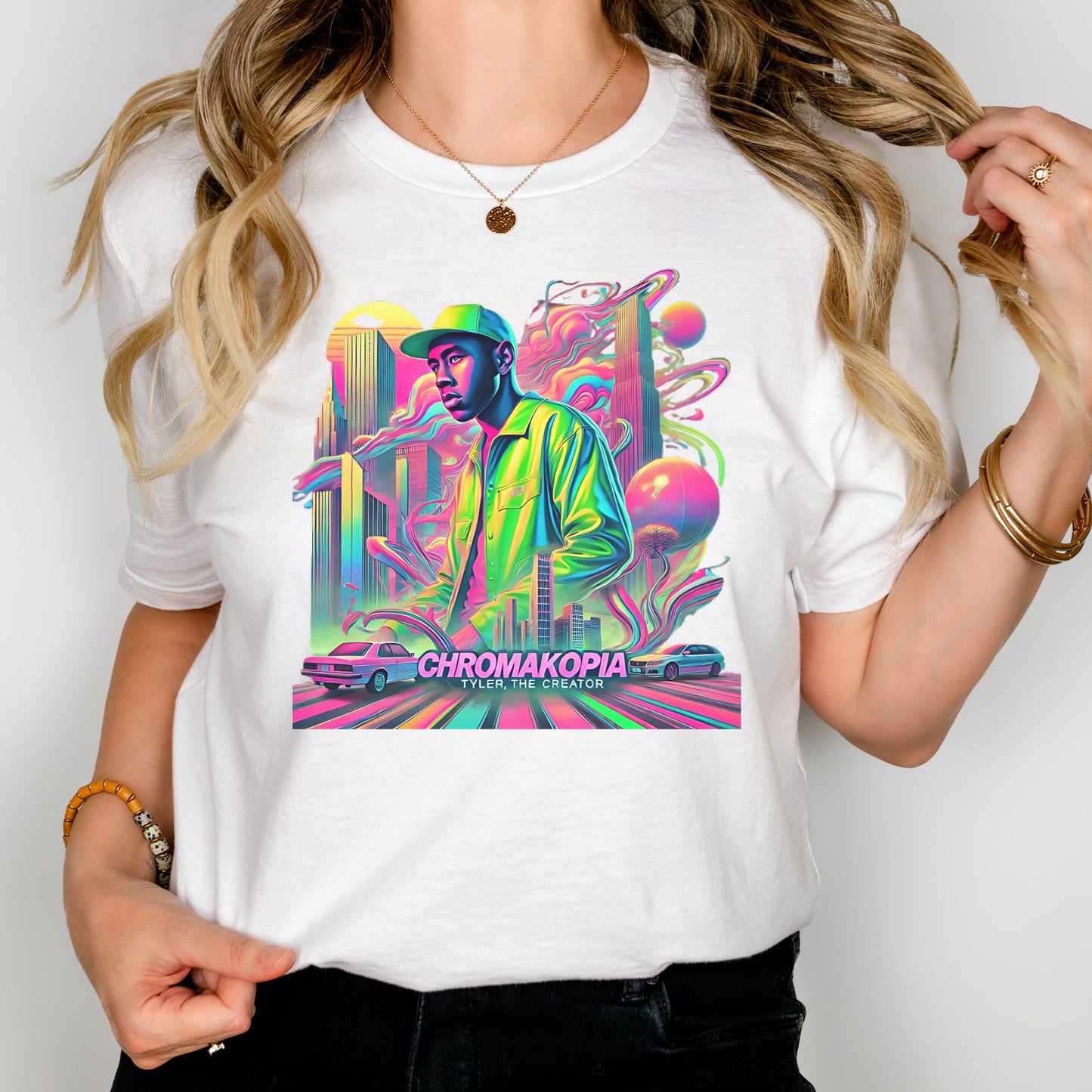 Vibrant Urban Streetwear Graphic T-Shirt – Retro Neon Cityscape Design