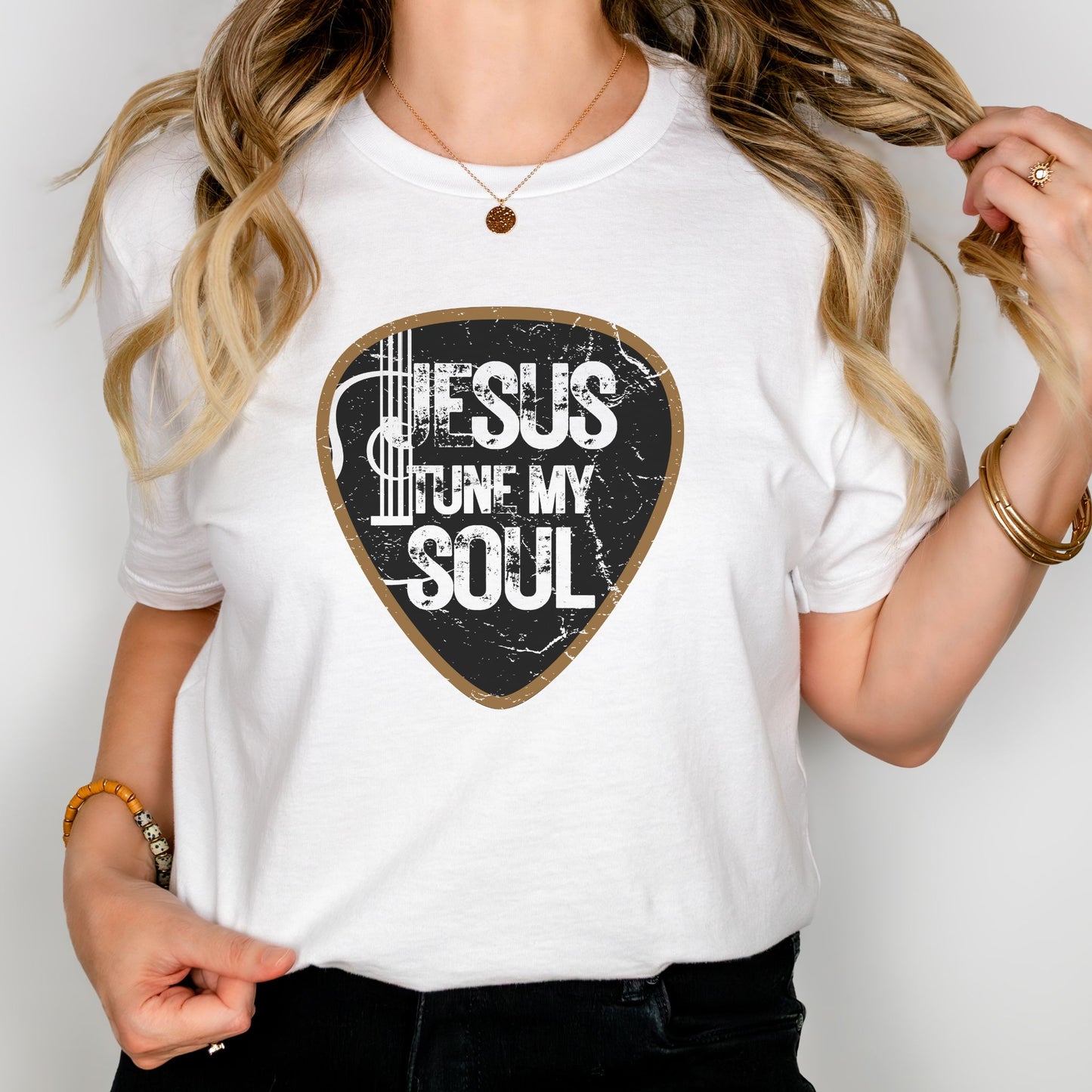 Jesus Tune My Soul Graphic T-Shirt - Vintage Guitar Pick Design Christian Tee