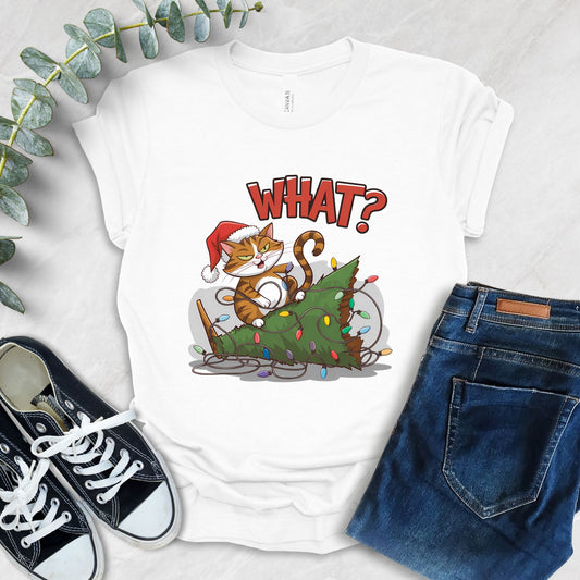 Funny Cat Christmas T-Shirt – 'What?'