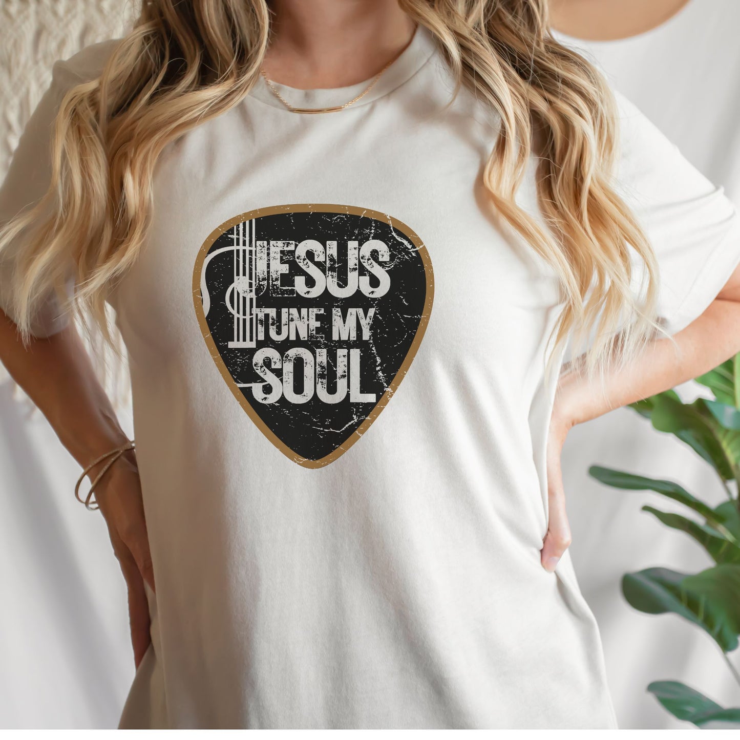 Jesus Tune My Soul Graphic T-Shirt - Vintage Guitar Pick Design Christian Tee