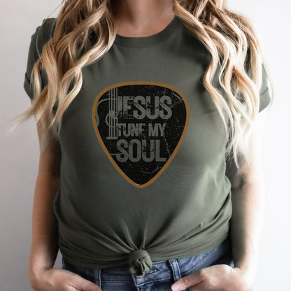 Jesus Tune My Soul Graphic T-Shirt - Vintage Guitar Pick Design Christian Tee