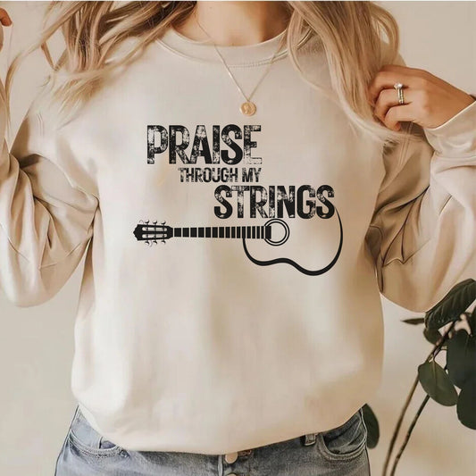 Praise Through My Strings Sweatshirt - Christian Guitar Design Crewneck