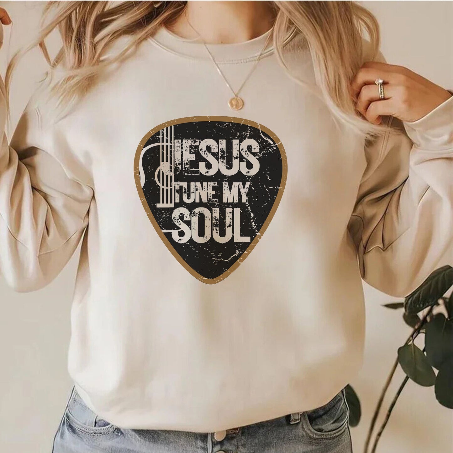 Jesus Tune My Soul Graphic Sweatshirt - Vintage Guitar Pick Design Christian Crewneck