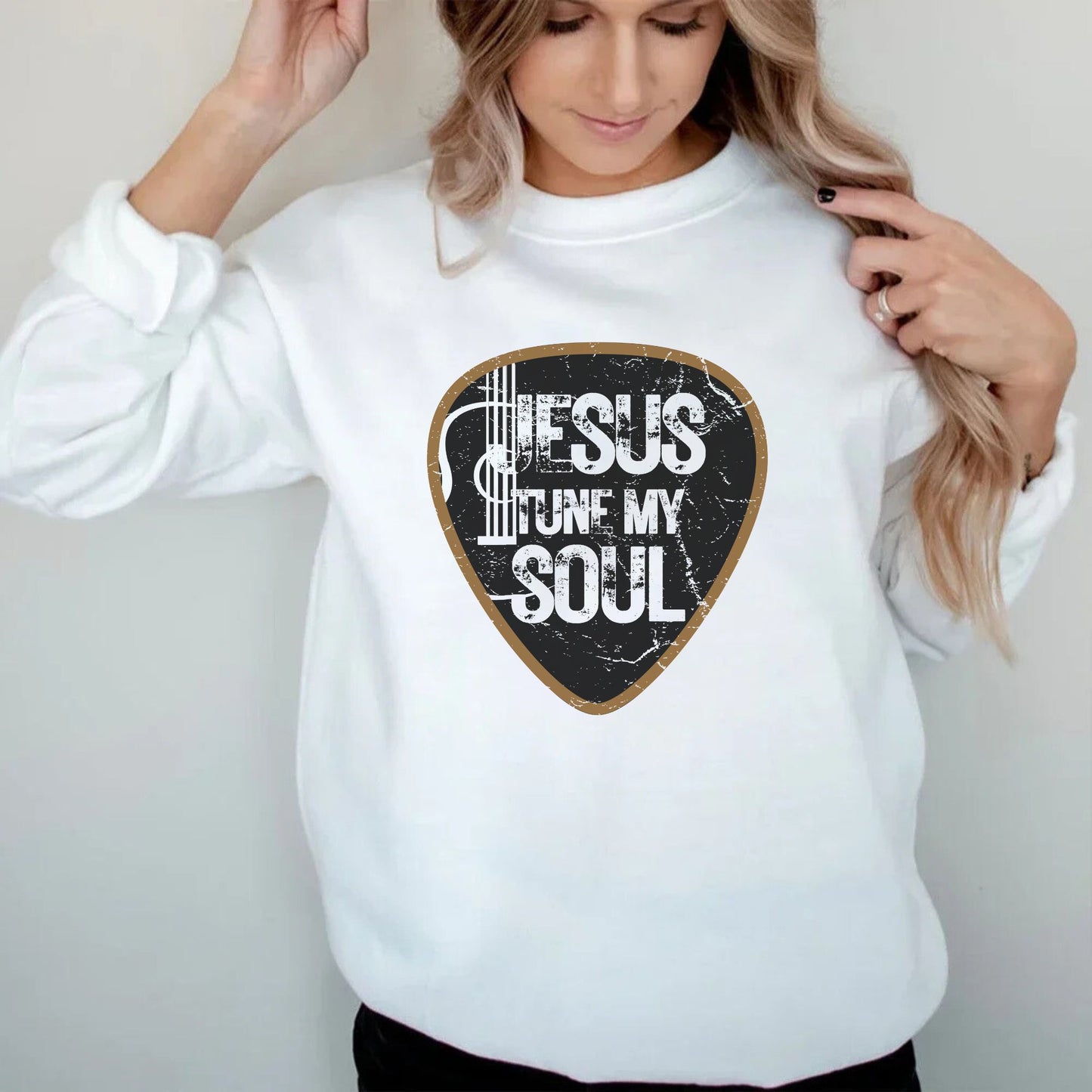 Jesus Tune My Soul Graphic Sweatshirt - Vintage Guitar Pick Design Christian Crewneck