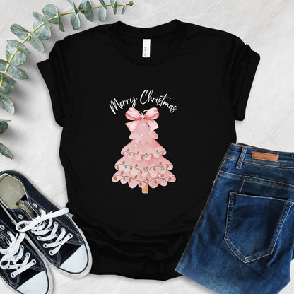 Pink Christmas Tree Bow T-Shirt