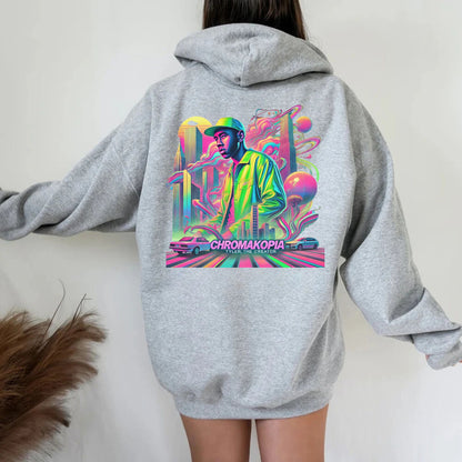 Vibrant Urban Streetwear Graphic Hoodie – Retro Neon Cityscape Design