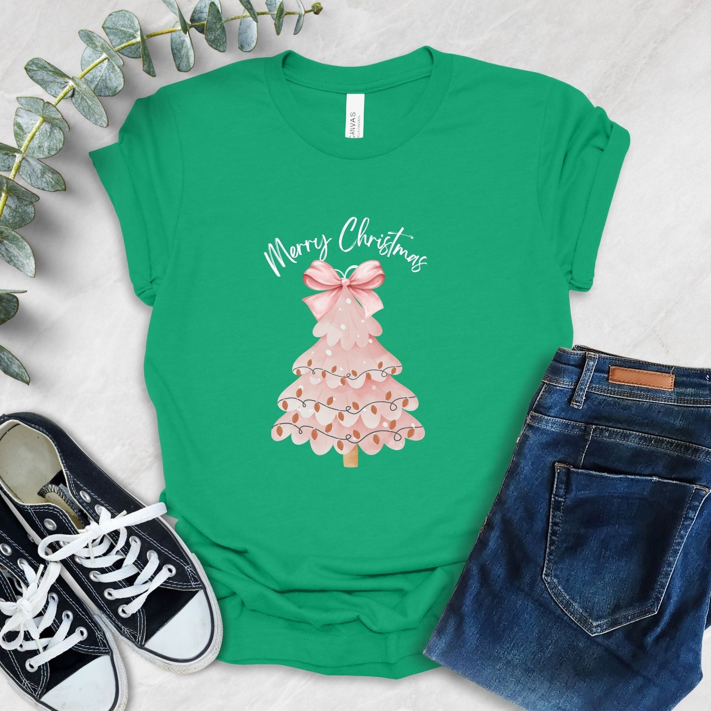 Pink Christmas Tree Bow T-Shirt